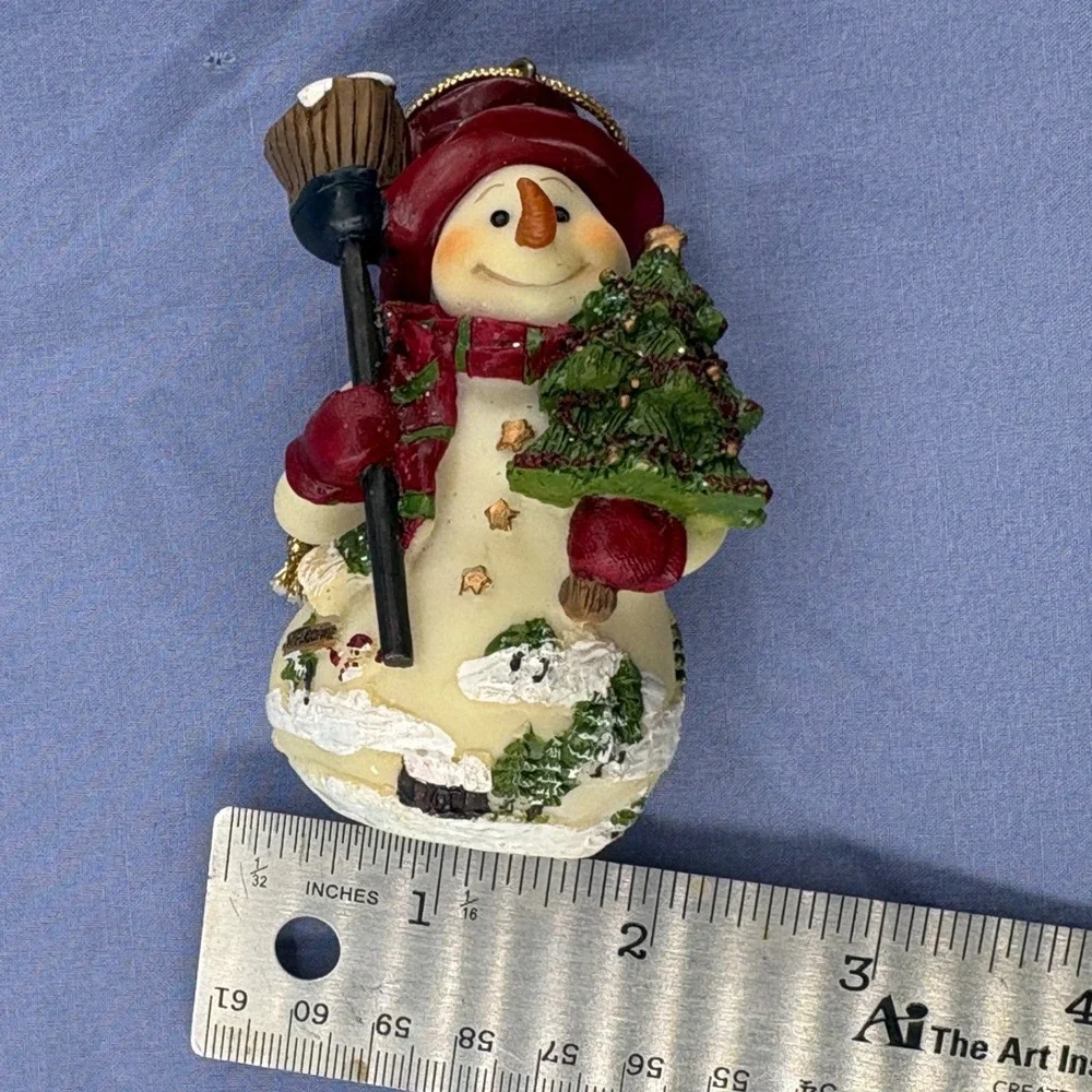 Home Interiors Snowman Ornament 54060 Red Hat Tree Broom Christmas Figurine Vtg